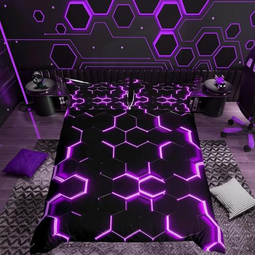Loussiesd Honeycomb Bettwäsche Set 135x200cm Lila Schwarz Hexagonal Bettbezug Set Geometrische Kinder Dekor Bienenstock Simplistic Bettwäsche Ultra Weich Modern Geometrie Muster Bettbezug