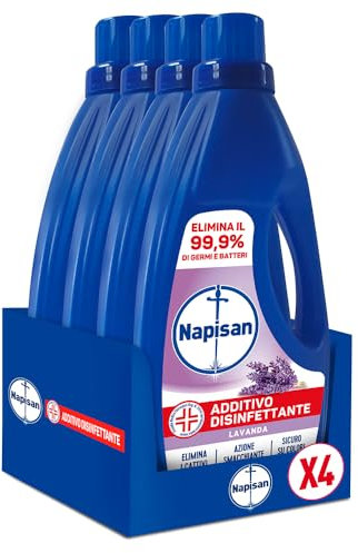 Napisan Additivo Disinfettante Lavatrice Freschezza di Lavanda, 4 Confezioni da 1 Litro di Additivo Liquido per Lavatrice, Contro i Batteri e i Cattivi Odori