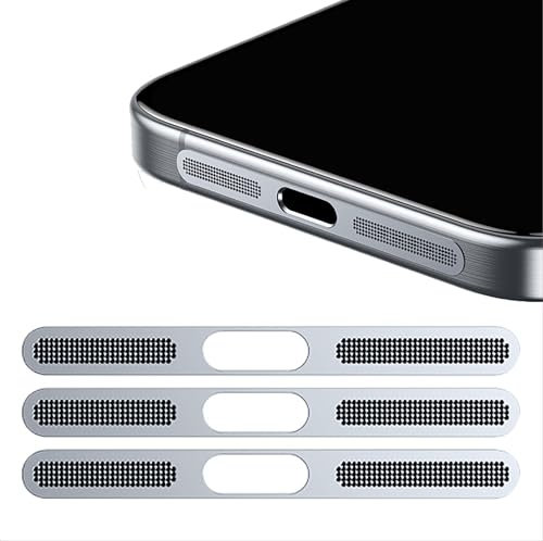GIOPUEY Mesh Anti Dust Metal Sticker for iPhone 16 Pro, 3 pack Integrated Protective Speaker and Charging Port - silver