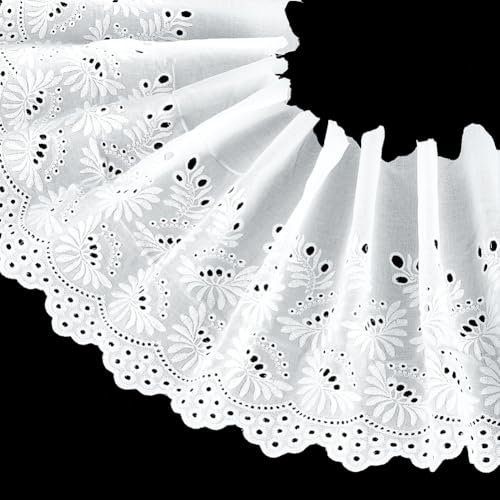 FINGERINSPIRE 2.7 m Weiße Ösen Baumwollborte 23cm Breit Baumwoll Spitzenbesatz Florale Stickerei Spitzenbesatz Gewellter Rand Florales Baumwoll Spitzenband Zum Nähen von Kleidern Kleidung Taschen