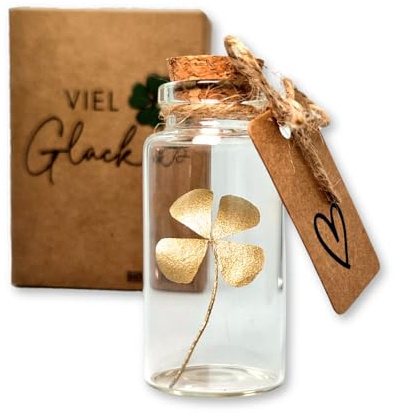 HOLM CRAFT - Glücksbringer | Echtes vierblättriges Kleeblatt in Glasflasche mit Korken | Kleines Geschenk für Glück | Aufmunterung Geschenke | Dankeschön Geschenke | Glücksbringer Silvester