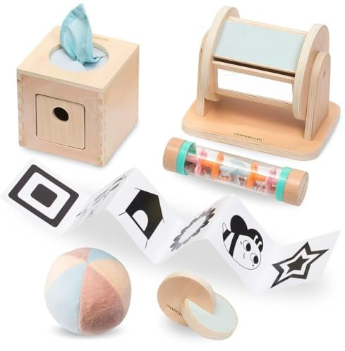 mamabrum Baby Spielzeug 6 Monate - Montessori Sensorik Set mit Holzgreifer, Ball & Rollen - Lernspielzeug für frühe Entwicklung - Geschenk für Neugeborene (5 Teile)