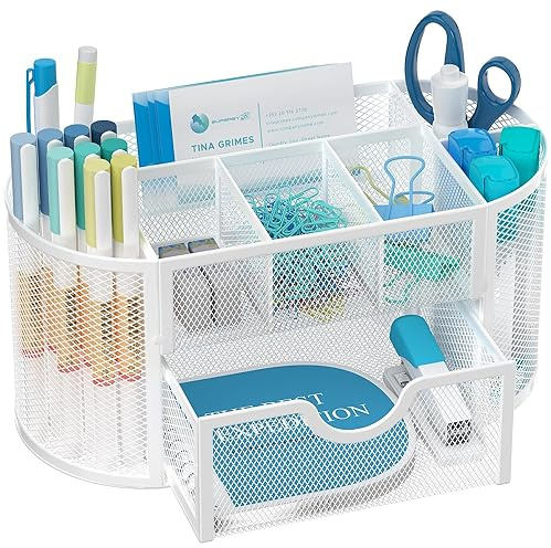 SUPEASY Mesh Schreibtisch Organizer, Arbeitsbereich Organizer mit Schubladen, Stifthalter für Schreibtisch mit 9 Fächern für Bürobedarf, 8.6 x 4.3 x 4.1 Zoll, Weiß