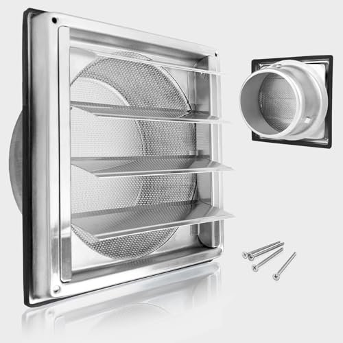 Kinyoda Rejilla de ventilación de 150 mm, Cuadrada Rejilla de conducto de Acero Inoxidable con cuchillas móviles, rejilla de salida exterior de acero inoxidable 304, solapa antirretorno