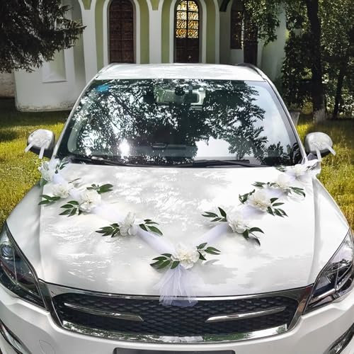 KYIZVE Kit de décoration de voiture de mariage, 9 bouquets de roses artificielles avec ventouse, 2 fleurs de rétroviseur et 2 rubans en tulle blanc (1,6 m), décorations de fête romantiques blanches