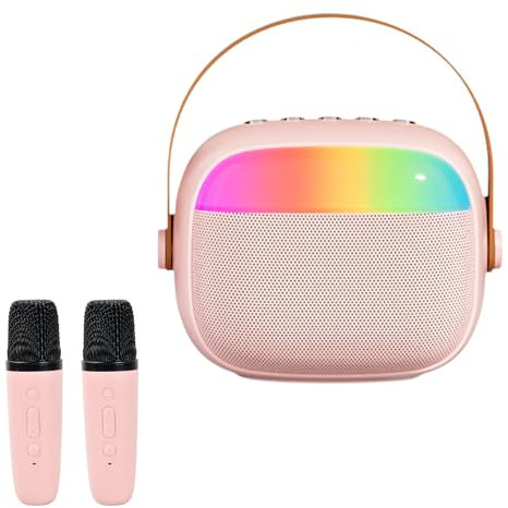 Karaoke con 2 Microfonos Inalambricos, Mini máquina de Karaoke con Luces LED, Altavoz Bluetooth Portátil para Fiestas en Casa/KTV, Exteriores, Viajes