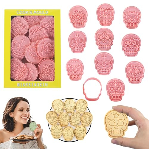 CUVZORA Lot de 10 emporte-pièces et tampons pour Halloween, en plastique, emporte-pièces pour tête de mort, moule à biscuits, meilleur accessoire de cuisson