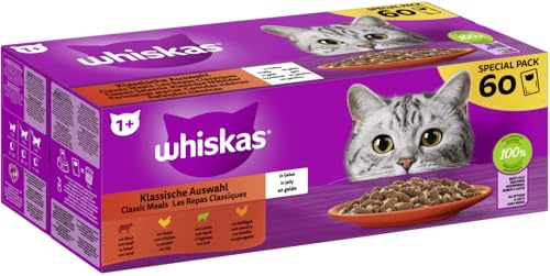 WHISKAS® Multipack Portionsbeutel 1+ Klassische Auswahl 4 Varietäten Rind, Huhn, Lamm, Geflügel in Gelee 60 x 85g