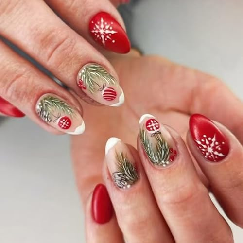 Stili festivi Francesi Unghie Artificiali 24 Pezzi Forma Corta Quadrata Foglie Verdi Modello Per Chiodi Inverno Decorazioni Da Donna Natale Da Imprimere Chiodi Corti Ovali Rosso