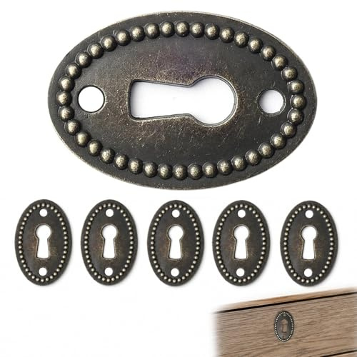 AJKQNMA 6x Antike Schlüssel-Schilder, Schloss-Rosetten im Vintage Messing Design 37x24mm, Metall Schlüssellochblenden für Schränke Kommoden Türen Möbelrestaurierung