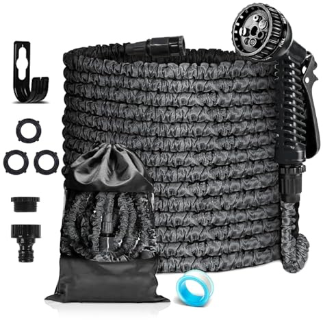 3-Lagiger Flexibler Gartenschlauch Mit Latex-Kern, 7 SprüHfunktionen, Dehnbar, Inkl. 1/2 & 3/4 Adapter Und Wandhalterung, Geeignet FüR Garten, Rasen Und AutowäSche (30M,Schwarz)