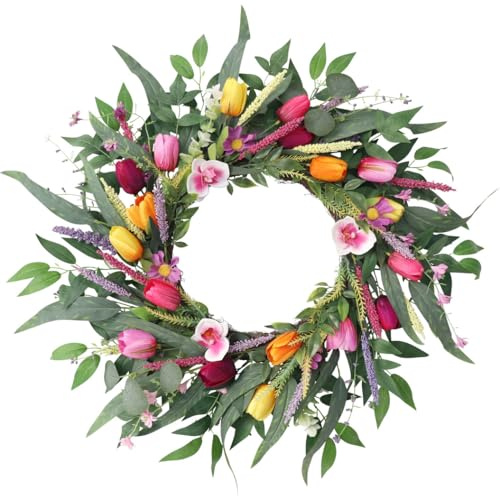 60CM Tulip Wreaths for Front Door Spring Summer Wreath Fake Silk Floral Wreath with Lavender and Green Leaves for Window Wall Wedding Farmhouse Decor (Green)