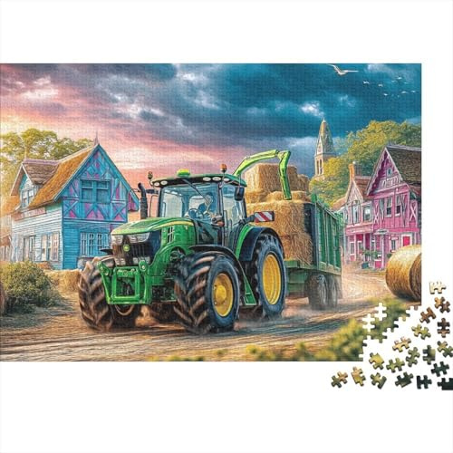Traktor beim Heutransport–Puzzle im Stil eines ländlichen Dorfes,1000 Teile,hochwertiger,Dicker Karton,rahmbar,ruhiges Hobby für Puzzle-Begeisterte und Fortgeschrittene,38 x 26 cm / 1000 Teile