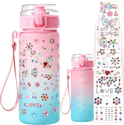 KINGTLE Geschenk Mädchen 6 7 8 9 10 11Jahre,DIY Trinkflasche Kinder Schule Wasserflaschen mit Glitzer Diamant Aufklebern,Geburtstag Geschenke für Mädche 5-12 Jahre,Geburtstagsgeschenke für Mädchen