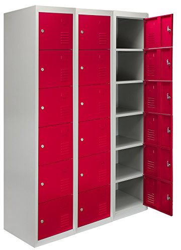 MonsterShop - 3 x 6 -türiger Fächerschrank Umkleideschrank Schließfachschrank Spind Garderobenschrank Stahlspind Stahlschrank Aufbewahrungsschrank Schrank Locker 45cm D x 38cm W x 180cm H Rot