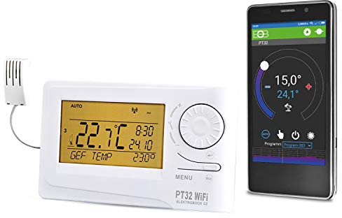 ELEKTROBOCK PT32 WiFi - Digitaler Raumthermostat mit Geolokalisierung - 𝑳𝓐𝑵𝐆𝑳𝜠𝓑𝑰𝐆 - Intelligentes programmierbares Wandthermostat mit App oder manuell - 9 Wochenprogramme, Weiß