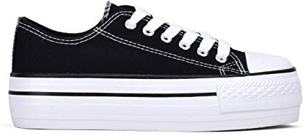 BOSANOVA Zapatillas Sneakers confeccionadas en Material de Canvas con Detalle de Finas lineas a Contraste en la Suela. Cierre con Cordones. Calzado para Mujer Negro 38