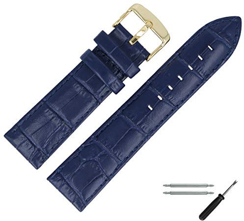 MARBURGER Uhrenarmband 22mm Leder Blau Gold Alligator Prägung Mit Naht - Montage Set 7892251000220