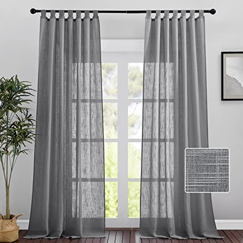 PONY DANCE Halbtransparente Gardinen Wohnzimmer Schlaufenvorhang 2 Stücke H 245 x B 140 cm Voile Vorhänge Leinenoptik für Licht Filtern, Dunkelgrau