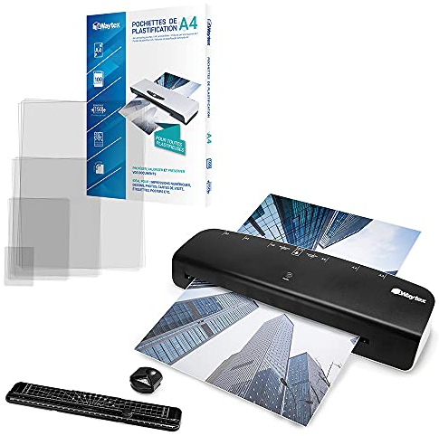 WAYTEX A78209P73 Laminiergerät A3 A4 Pro, schnell bis zu 2 x 125 Mikron, mit Blattschneider, 100 Hüllen A4 + 20 verschiedene Formate