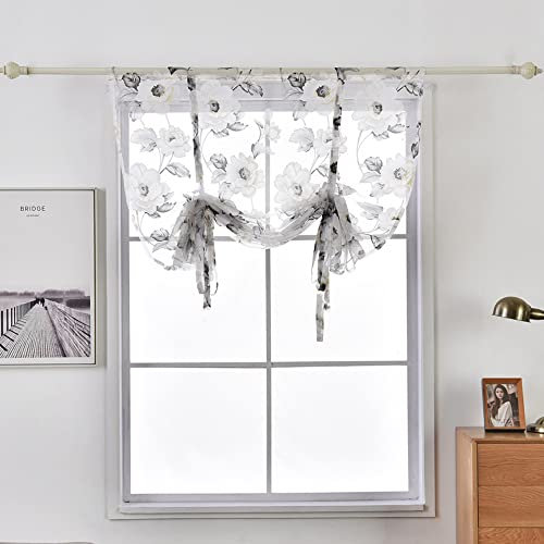 SMITHOOM 1 Panel Voile Curtains Peony Flower Printed Rod Pocket Roman Blinds for Kitchen Bathroom Balcony White 100x120cm