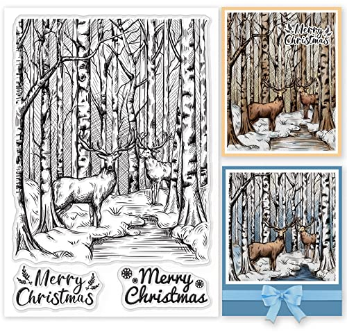 GLOBLELAND Weihnachten Wald Hintergrund Klare Stempel für DIY Scrapbooking Dekor Winterpflanzen Hirsche im Wald Tiere Transparente Silikonstempel zum Basteln von Karten Fotoalbum Dekoration