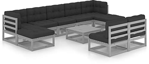 Chusui 10-TLG. Garten-Lounge-Set mit Kissen, Balkonmöbel, Balkon Möbel, Gartenlounge, Garten Möbel, Balkon Lounge, Balkon Sitzgruppe, Grau Kiefer Massivholz