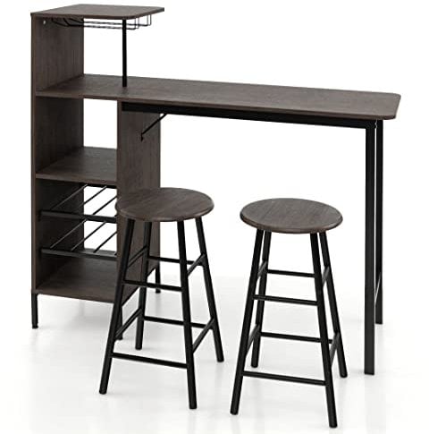 GiantexUK 3PCS Bar Table Set, Industrial Counter Height Dining Table and 2 Stools with Open Shelves, Cup Holder and Wine Rack, Kitchen Breakfast Table Furniture for Home Dining Room Pub (Brown)