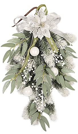 Couronne de Noël artificielle en forme de larme de 50 cm, aiguilles de pin, couronne de porte avec baies blanches, décoration de Noël, couronne d'escalier, couronne d'escalier pour décoration de Noël