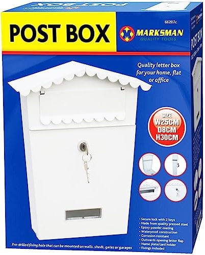 MARKSMAN Post Box COMPACT (W25cm x D8cm x H30cm) Mail Letter Holder Steel Lockable Heavy Duty Letter Box For Home, Flat Or Office Outdoor Wall Mounted With Keys UK FREE P&P (White)
