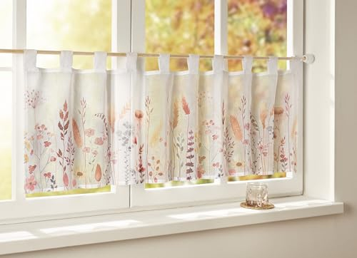 Dekoleidenschaft Fenstervorhang Bunte Blumen 45x140 cm, weiß transparent, Scheibengardine mit Schlaufen, Bistrogardine, Fenstergardine, Küchengardine, Kurzstore, Halbgardine, Kaffeehausgardine
