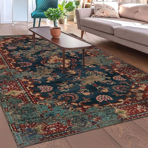 bamyum Kinevart Bedruckter Chenille-Teppich - Maschinell Hergestellt 80 x 300 cm, Waschbar Multıcolor, Vintage Schlafzimmer, Antibakteriell Antirutschunterlage Küchenteppich