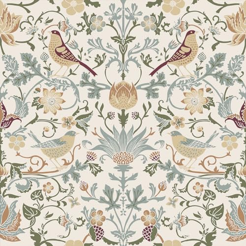 Yullpaper Papel Pintado Autoadhesivo Flores Vintage Vinilo Adhesivo Muebles Papel Pintado Pared Beige Para Dormitorio Patrón Flores Pájaros Vinilo Armarios Papel Adhesivo Decorativo Pared 44,5 x 260cm