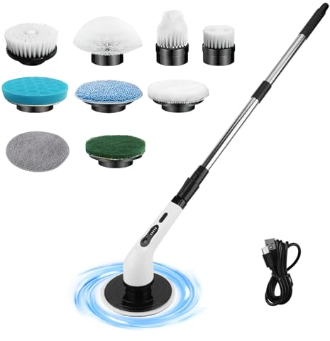 ONEVER - Depurador giratorio eléctrico, limpiador de ducha inalámbrico con pantalla LED y 9 cabezales de limpieza de repuesto, cepillo de limpieza eléctrico para el hogar con brazo de extensión para