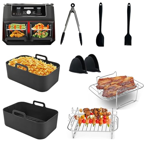 Silicone Air Fryer Accessories 9 PCS for Ninja Dual Air Fryer Af300uk Af400uk Other 7.6l-9.5l Dual Air Fryers,Air Fryer Silicone Trays,Oil Brush Wait Reusable Airfryer Accessories