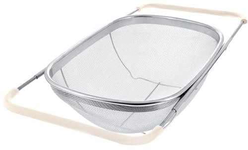 AJIODA Over The Sink Colander, 6 Quarts Stainless Steel Oval Colander with Expandable Rubber Grip Handle, Fine Mesh Strainer Baskets Kitchen Colander for Strain, Drain, Rinse Vegetables, Fruits, Beige