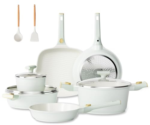 JEETEE Topf und Pfannensets mit abnehmbarem Griff 22-Teilig, Antihaft-Keramik-Pfanneset, Topfset Induktio, Kochtopf Set mit Deckel, ofenfest, PFOS/PFOA frei, Grün
