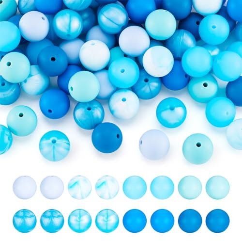 Cheriswelry 80Pcs Blue Theme Silicone Round Beads Set Rubber Round Beads Bracelet Making Kit for Necklace Keychain Jewelry Making Pen Decor
