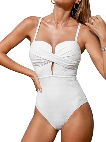 CUPSHE Women's Swimming Costume One Piece Swimsuit Wrapped Back Tie Plunge Cutout Swimwear Molded Cups White XL