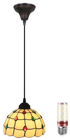 Hängelampe, Tiffany Style Lamp, 8 Zoll Esstisch Lampen Hängend, Vintage Pendelleuchte, Glas Pendant Light, Höhenverstellbar, Pendelleuchten für Küche Schlafzimme Wohnzimmer Flur,Farbiges Glas