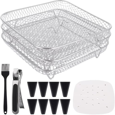 AKOLAFE 3 Pack Air Fryer Rack Square for Ninja, 8 Inch Stainless Steel Air Fryer Accessories 3 Layer Stackable Airfryer Rack Set Dehydrator Rack, Including 8 Silicon Feet, 200 Parchment Paper