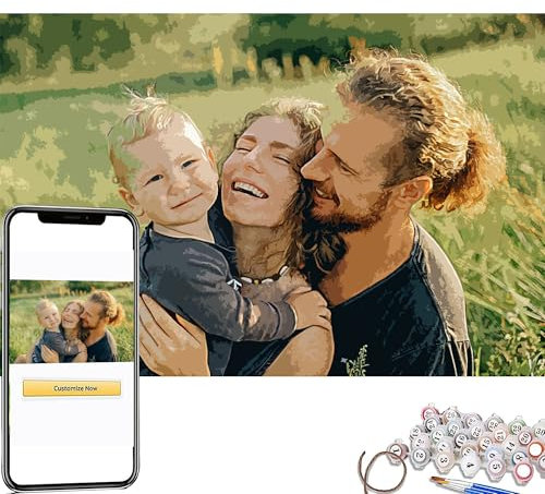 Handimake Kit de peinture à l'huile par numéros personnalisé - Peinture à l'huile sur toile par numéros - Photo personnalisée pour adultes et débutants - Cadeau unique pour la famille 50x70cm