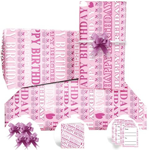 Papier Cadeau,Papier Cadeau Anniversaire 85 * 60cm,4 Feuille Avec 4 Noeud Papillon Rose,2 Carte Anniversaire,4 Etiquette,Papier Cadeau Für Enfant Fille Garcon Homme Femme