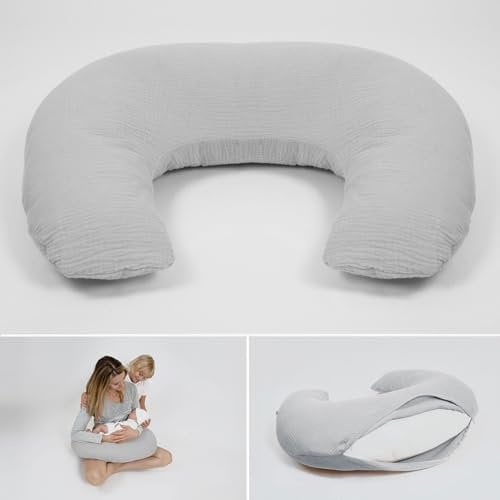 PaLulli® Musselin Stillkissen Stillkissenbezug aus 100% Musselin Baumwolle - Stillkissen für Baby, Stillhörnchen Baby, Stillkissen Atmungsaktiv & Waschbar, Stillkissen (Grau)