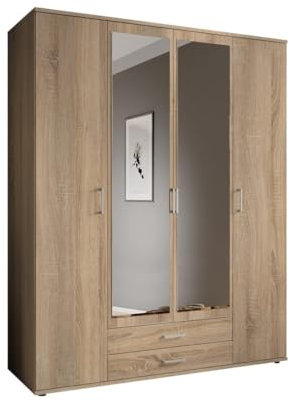 Arthauss Transform Your Bedroom with the Elegant KARL 4-Door Mirrored Wardrobe in Oak Sonoma: Spacious W160cm Storage Solution for Modern UK Homes