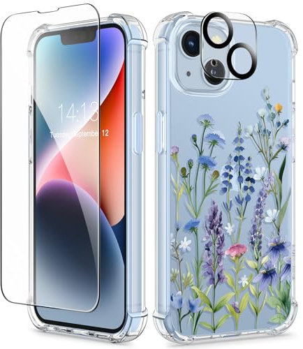 GVIEWIN Compatible with iPhone 14 Case 6.1 Inch 2022, with Tempered Glass Screen Protector+Camera Lens Protector, Flower Clear TPU Slim Bumper Shockproof Protective Soft Phone Cover, Sweet Posy/Blue