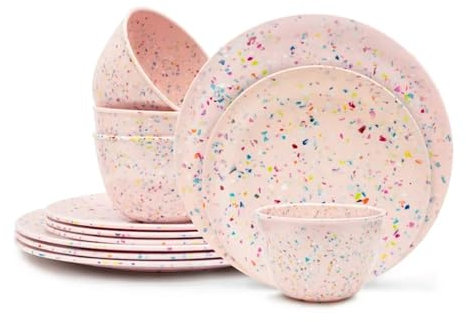 DYHWAC 12 Pieces Dinnerware Set Melamine Plastic Plates and Bowls and Dishwasher Safe
