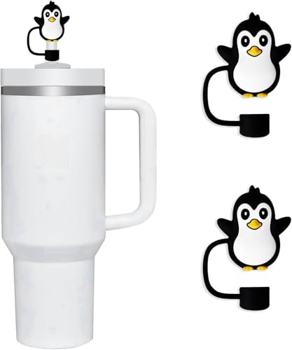 2 Pcs Black Penguin Hat Straw Cover for Stanley Cup, 10mm Silicone Covers Cap for Stanley Cup Accessories, Cute Topper, Straw Cap Stopper for Reusable Straws Tip Lids