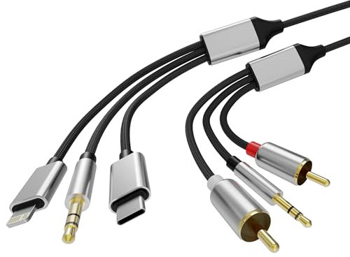 Cinch kabel i-Phone, Typ C auf 2RCA Audio kabel, Cinch auf 3,5 Klinke, Lightning auf Cinchkabel (3 in 1 Audiokabel) für TV, Handy, MP3 Player, Lautsprecher, Heimkino, Kompatibel mit iPhone Lightning