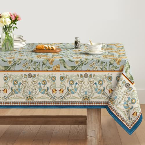 Artoid Mode Boho Vintage Pfauen Blumen Blätter Landhausstil Tischdecke 140x110 cm, Fleckschutz Tischwäsche Küche Dekoration Urlaub Party Dekor